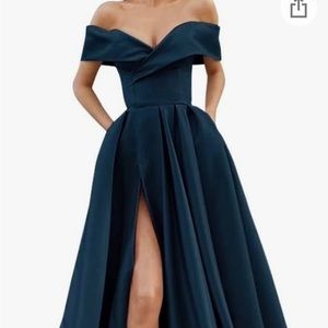 Satin, teal.  Corset back. Never worn.